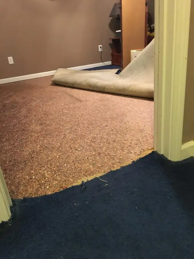 Carpet pad removal revealing water damage during Water Mitigation Services in Brook Highland